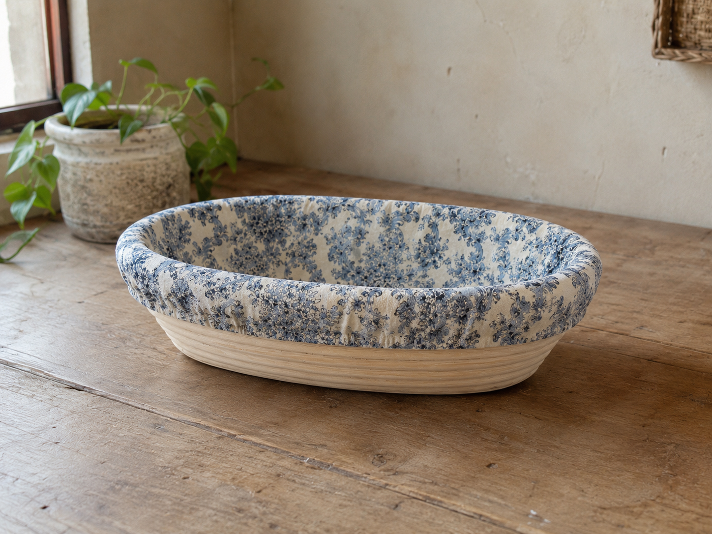 Cotton Banneton Cover - Blue Toile Oval